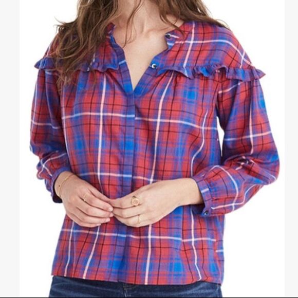 Madewell Tops - Madewell Red Blue Plaid Ruffle Button Down‎ Shirt Womens Large